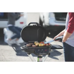 Coleman RoadTrip® 225 Portable Stand-Up Propane Grill -Northcamp Supply Store 2000033048 coleman grill 225 su black close up of food on grate in use