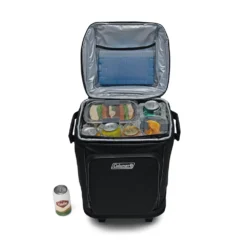 Coleman CHILLER™ 42-Can Soft-Sided Portable Cooler With Wheels -Northcamp Supply Store Chiller 42 Soft Cooler With Liner Black 2158136 Straight on Open Propped With Ice Subs 0003 v2 1